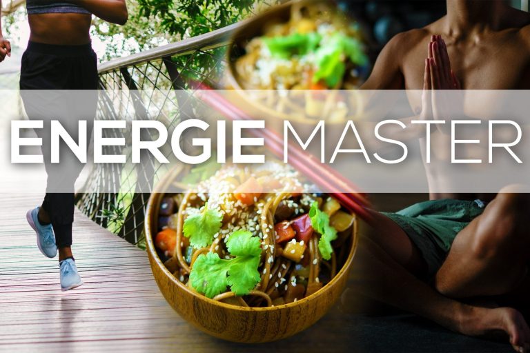 Eine gesunde Buddha-Bowl mit Gemüse und Quinoa, daneben aktive Menschen beim Sport.
