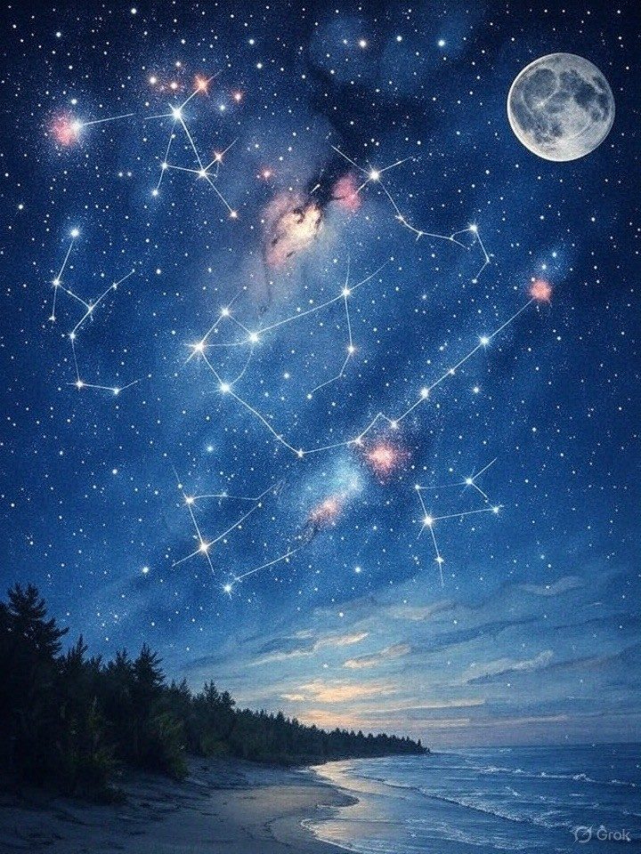 Sternenhimmel mit Konstellationen über einer ruhigen Küstenlandschaft bei Nacht.
